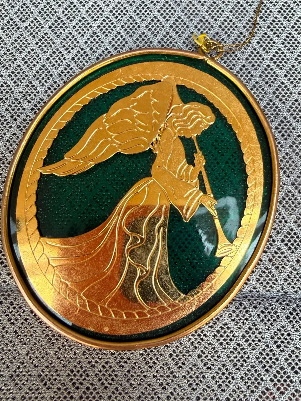 Vintage Goldworks 24K Gold Finish Angel Sun Catcher Green Stained Glass VA